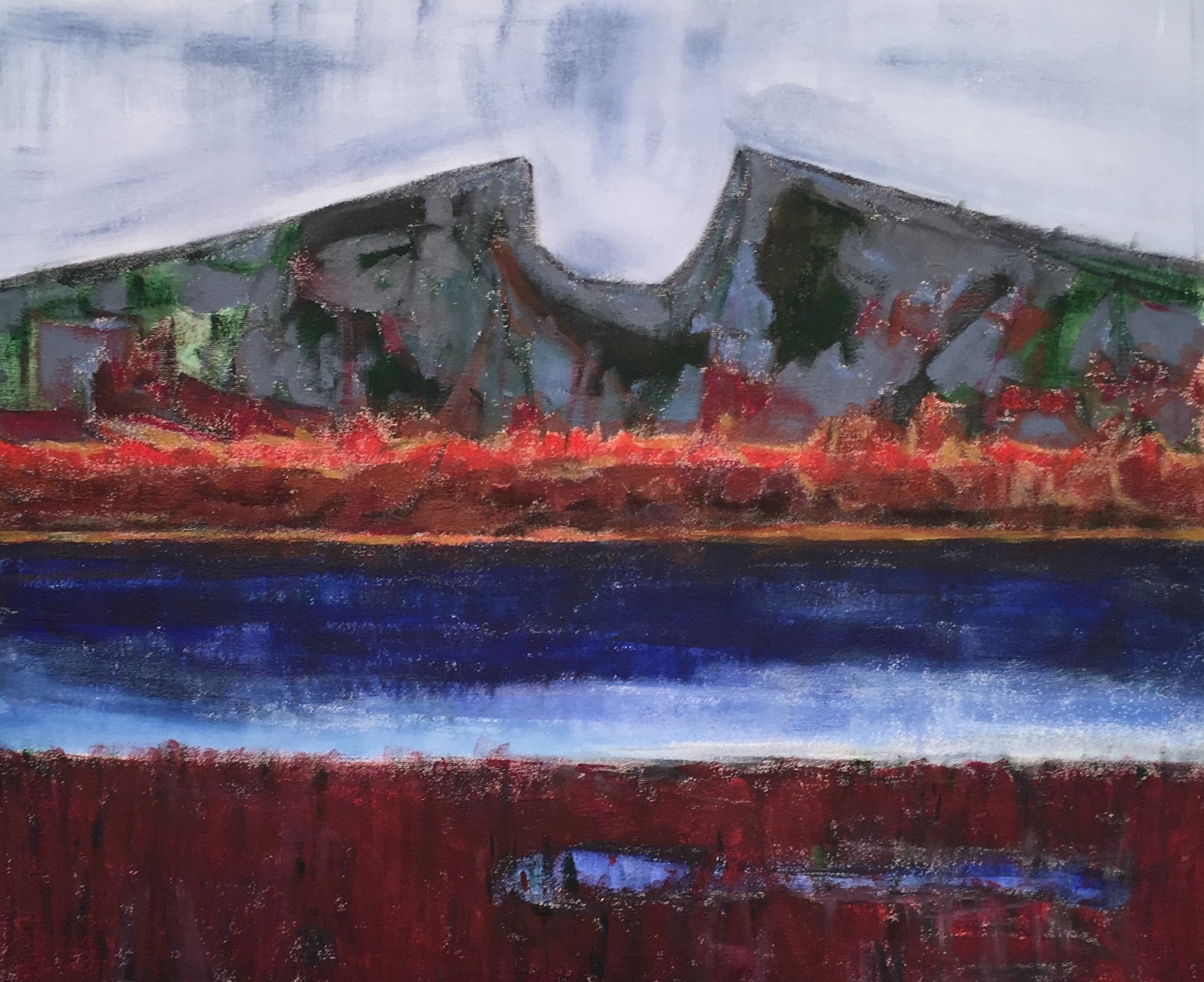 N° 5020 - Le Pic Saint-Loup vu des étangs - Acrylique sur toile - 54 x 65 cm - 15 juin 2019